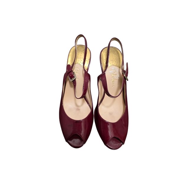 Cole Haan Burgundy Patent Leather Peep Toe Slingback Heels Adjustable Strap Wome - Picture 1 of 12